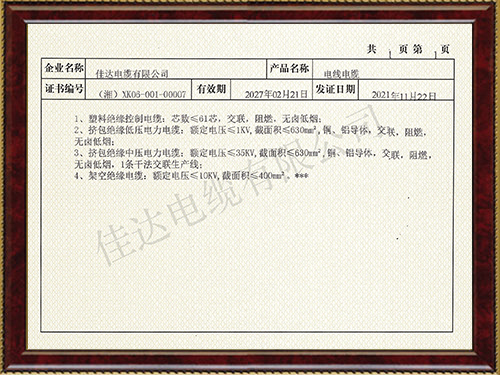生产允许证证书